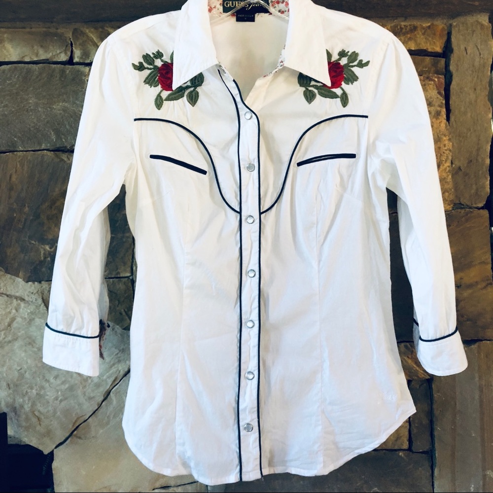 Guess Women’s Button Down Embroidered Top Size M